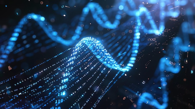 Binary Code as DNA Binary code strands intertwined like DNA representing the algorithmic foundation of AI