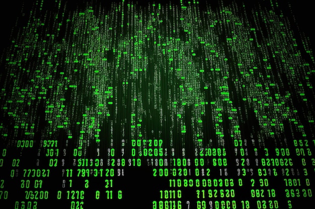 Binary code on a black and green background with falling green matrix as background