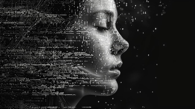 Binary code forming the shape of a human head digital communication theme