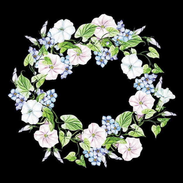 Bindweed spring flowers in wreath for wedding. Decorative element for greeting card