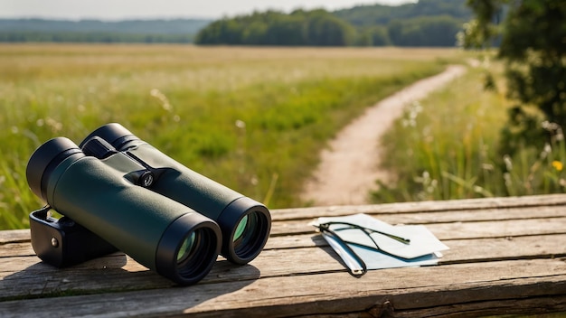 Binoculars and a bird guidebook on a wooden table outdoors perfect for birdwatching