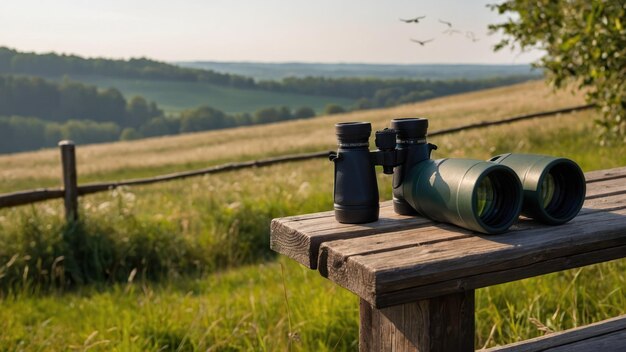 Photo binoculars and a bird guidebook on a wooden table outdoors perfect for birdwatching