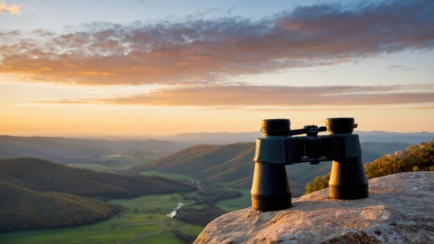 Photo binoculars rest on a rock overlooking a serene valley and winding river at sunset ideal for travel