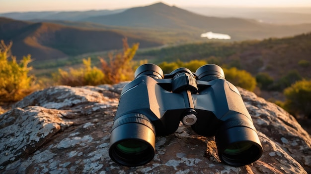 Photo binoculars rest on a rock overlooking a serene valley and winding river at sunset ideal for travel