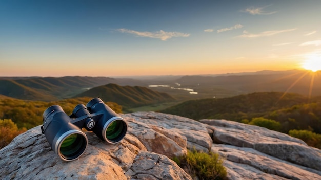 Photo binoculars rest on a rock overlooking a serene valley and winding river at sunset ideal for travel