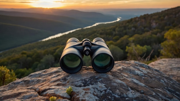 Photo binoculars rest on a rock overlooking a serene valley and winding river at sunset ideal for travel