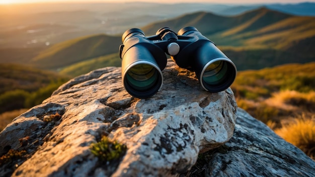 Photo binoculars rest on a rock overlooking a serene valley and winding river at sunset ideal for travel