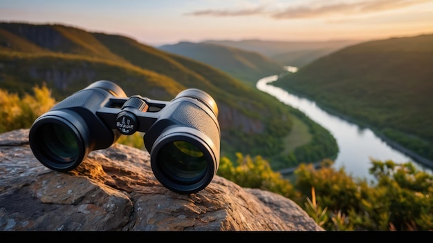 Photo binoculars rest on a rock overlooking a serene valley and winding river at sunset ideal for travel