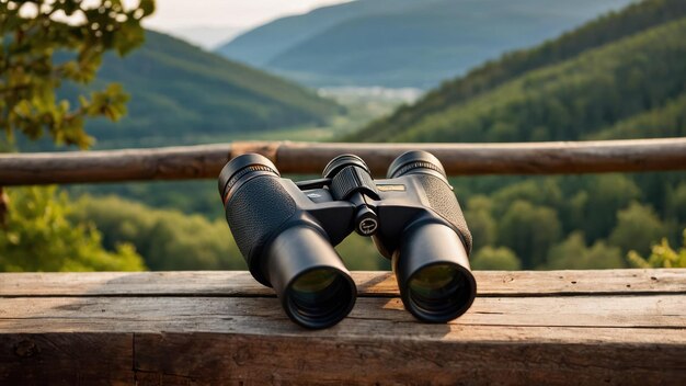 Photo binoculars on wooden railing overlooking green hills perfect for outdoor activities