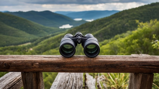 Photo binoculars on wooden railing overlooking green hills perfect for outdoor activities