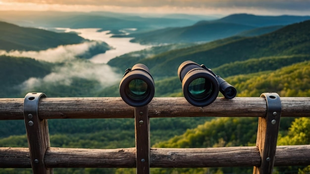 Photo binoculars on wooden railing overlooking green hills perfect for outdoor activities