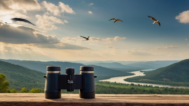 Binoculars on wooden railing overlooking green hills perfect for outdoor activities