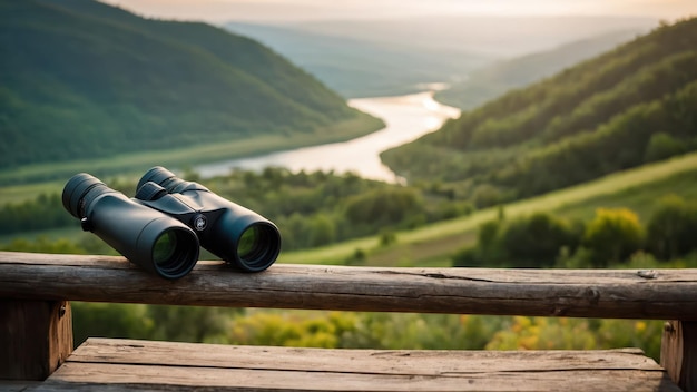 Photo binoculars on a wooden railing overlooking a scenic mountain and river landscape