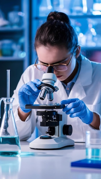 Biochemical research scientist working with microscope for coronavirus laboratory glassware contai