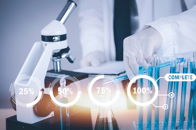 Biochemical research scientist working with a microscope for the virusDoctor man write a history of the experimental results in a laboratory glassware containing chemical liquid for design