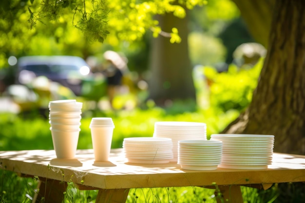 Biodegradable picnic table set with compostable plates utensils and cups