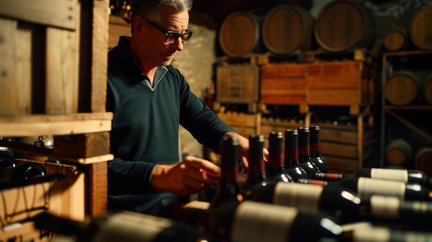 Photo a biodynamic winemaker labeling wine bottles by hand