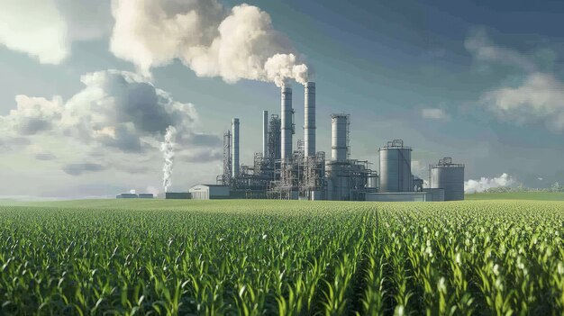 Photo bioenergy plant green fields smoking chimneys overcast sky