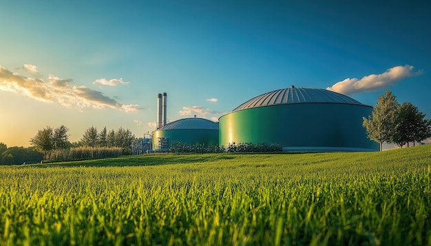 Biogas plant in a rural landscape during sunset with green tanks and vibrant sky