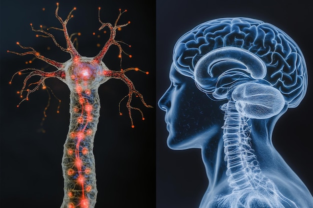 Photo bioinformatics connectomics neuroprosthetics ai algorithm and neurochemistry red brain with glowing