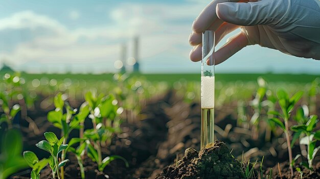 a biologist collects soil in a test tube Selective focus