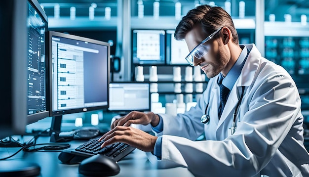 Biologist doctor checking dna informations typing on pc in modern equipped laboratory