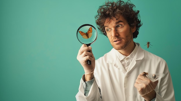 Photo biologist holding magnifying glass and examining specimens