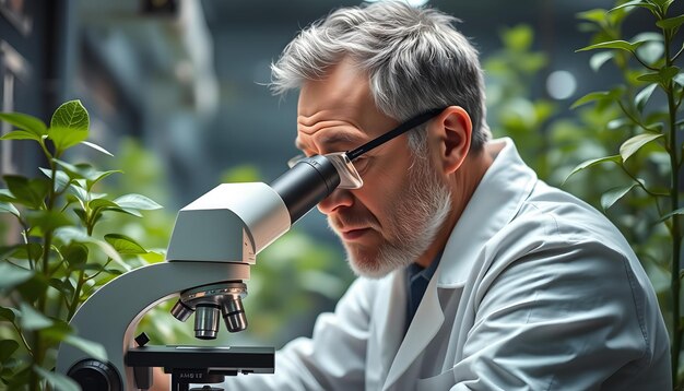 Photo biologist microscope and laboratory scientist in plant growth analytics food engineering or leaf