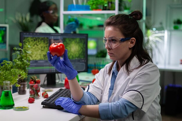 Photo biologist researcher woman analyzing organic tomato during microbiology experiment working in biology hospital laboratory. scientist chemist discovering modified genetically fruits in lab-grown