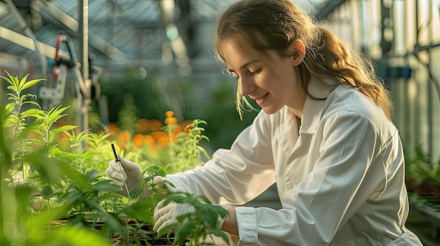 Photo biologist studying plant samples in a greenhouse