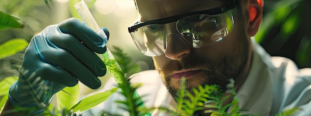 Photo biologist with a test tube in the garden selective focus