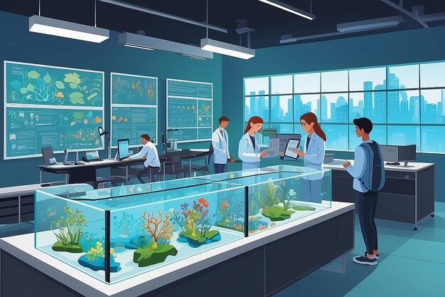 a biology lab with students exploring genetic diversity and evolution through digital simulations vector illustration in flat style