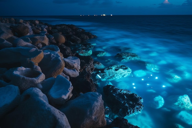 Bioluminescence water rocks view Generate Ai