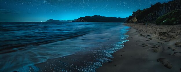 Bioluminescent beach at night stars meet the sea