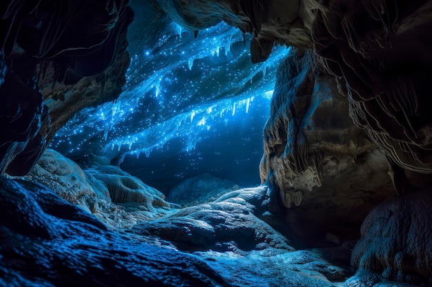 Bioluminescent cave exploration a cave illuminated by bioluminescent organisms