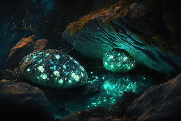 Bioluminescent ethereal water elementals nesting in a rock pool