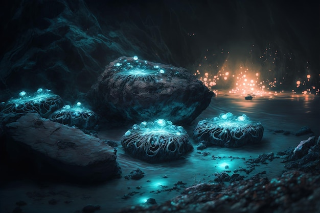 Bioluminescent ethereal water elementals nesting in a rock pool