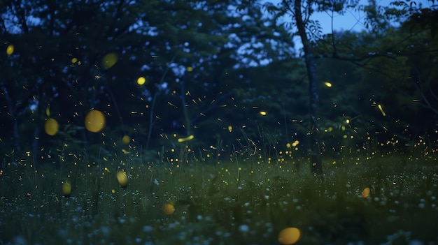 Photo bioluminescent fireflies illuminating the night sky with iridescent trails wallpaper