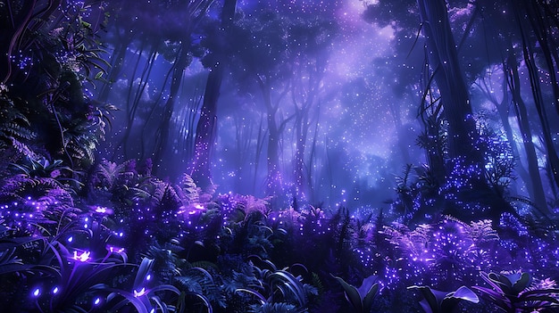 Bioluminescent flora in a dense misty forest casting shimmering violet hues under a starlit night sky