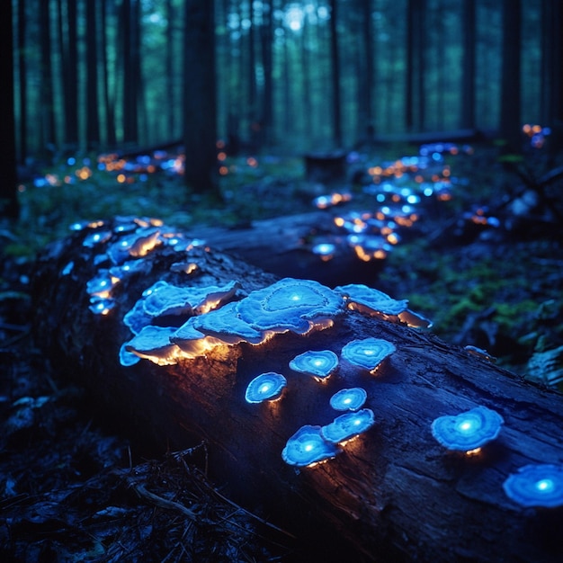 Bioluminescent forests with patches of glowing fungi on fallen logs