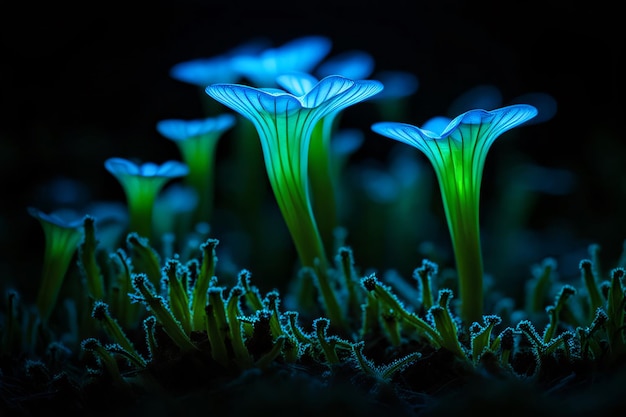 bioluminescent fungi glowing in a dark forest