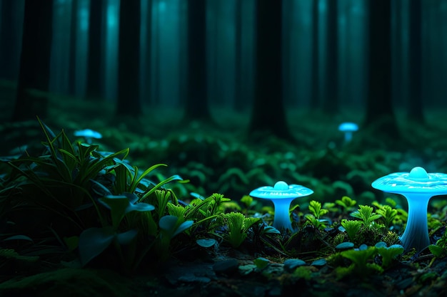 bioluminescent fungi glowing in a dark forest