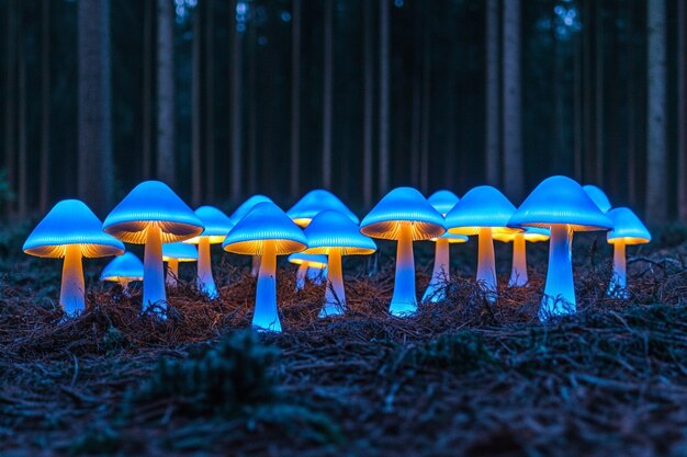 Photo bioluminescent mushrooms scattered among glowing forest plants