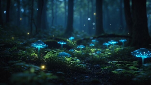 Bioluminescent Mystical Forest Glowing in the Dark Night on HighTech Background