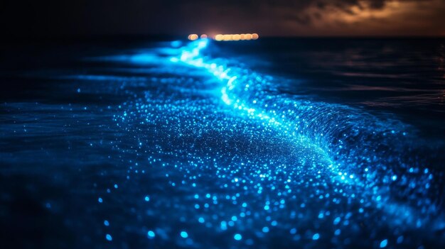 Photo bioluminescent ocean wave at night