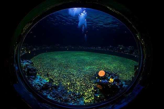 Photo bioluminescent seabed viewed through a porthole