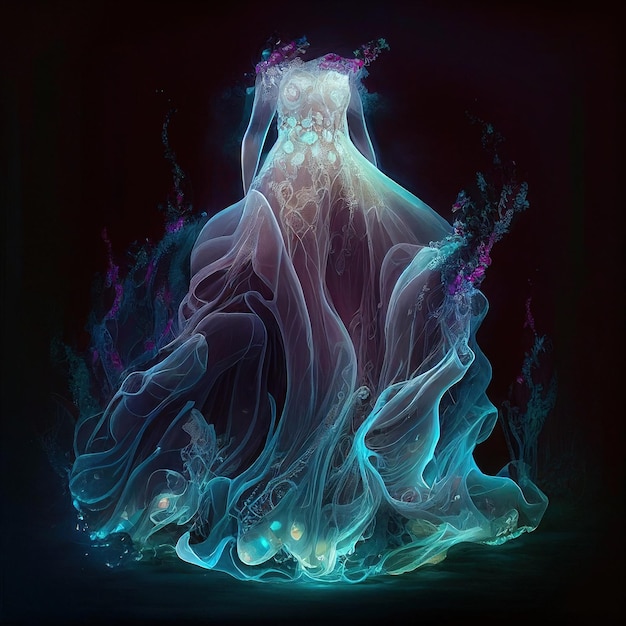 Bioluminescent Wedding dress full body flowing Generative AI