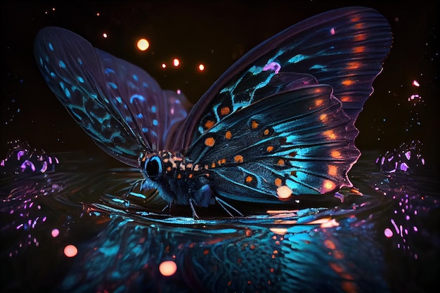 Bioluminiscent butterfly on water fireflies 4k