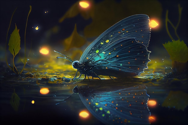 Bioluminiscent butterfly on water fireflies 4k