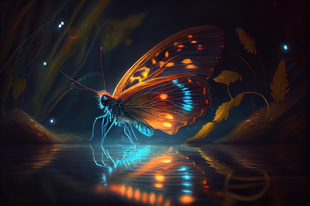 Bioluminiscent butterfly on water fireflies 4k